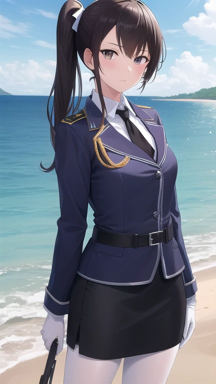 ((masterpiece)),(best quality),official art,extremely detailed CG,unity 8k wallpaper,ultra detailed,A lighthouse on a cliff by the sea,1girl,solo,cowboy shot,nachi (kantai collection),black belt,collar,black hair,black neckwear,black skirt,purple jacket,brown eyes,high heel boots,absurdly long hair,long sleeves,looking at viewer,medium breasts,pencil_skirt,white pantyhose,side ponytail,military uniform,white gloves,