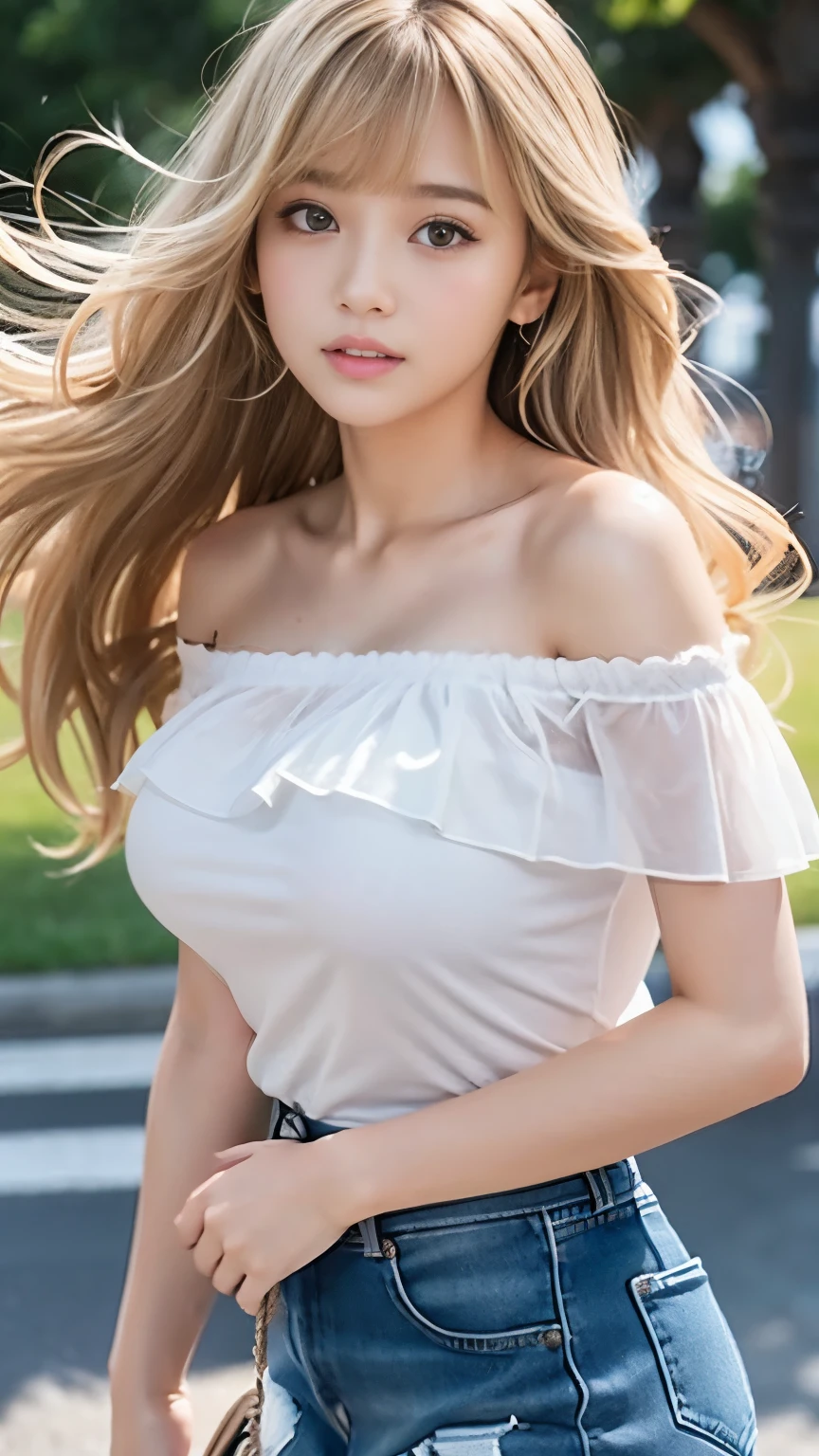 sexy big breasts、Sexy cute looks and cute 15 year old beautiful girl, Beautiful and sexy face、The strong wind blows the hair in front of my face、Beautiful blonde medium wavy hair with cute and sexy eyes hidden by long bangs、Off-the-shoulder t-shirt、Tulle miniskirt