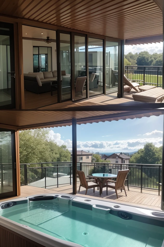 A balcony being a leisure area with an artificial grass floor, a hot tub with a glass table and a glass ceiling