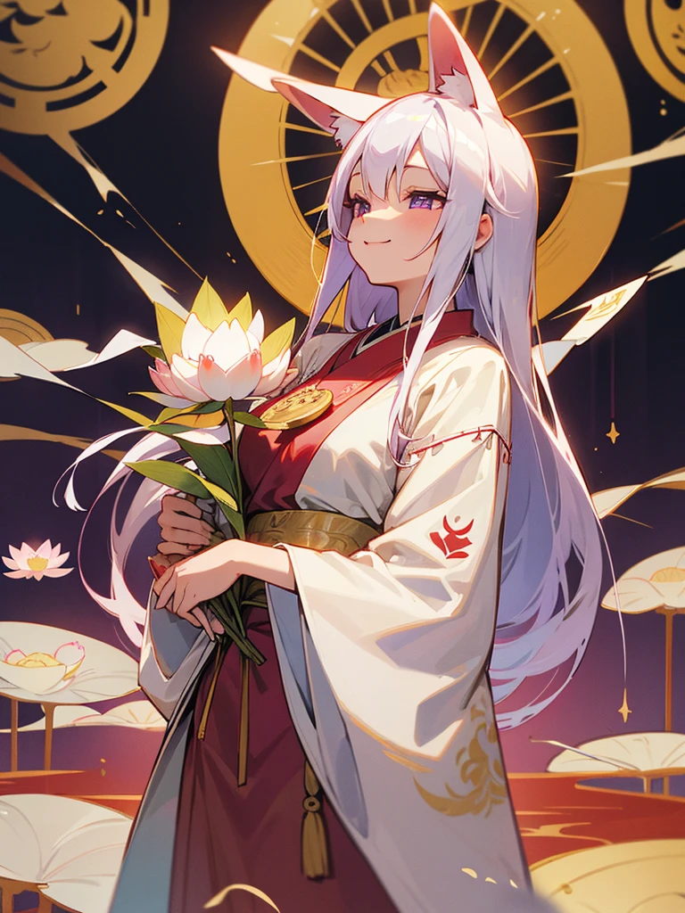Buddha, rabbit ears, long white hair, Red Japanese pattern dress, portable shrine, festival, Angel Halo, lotus flower field, purple eyes, smile, swallow, lotus bouquet, gold screen, paradise, Kitty