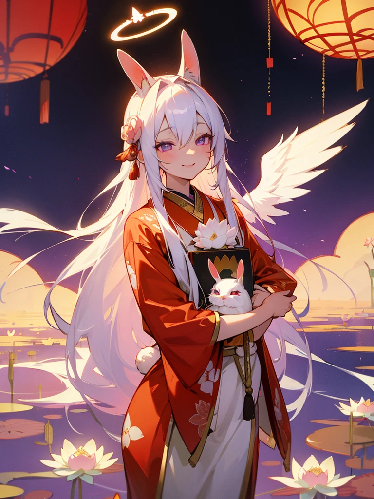 Buddha, rabbit ears, long white hair, Red Japanese pattern dress, portable shrine, festival, Angel Halo, lotus flower field, purple eyes, smile, swallow, lotus bouquet, gold screen, paradise, Kitty