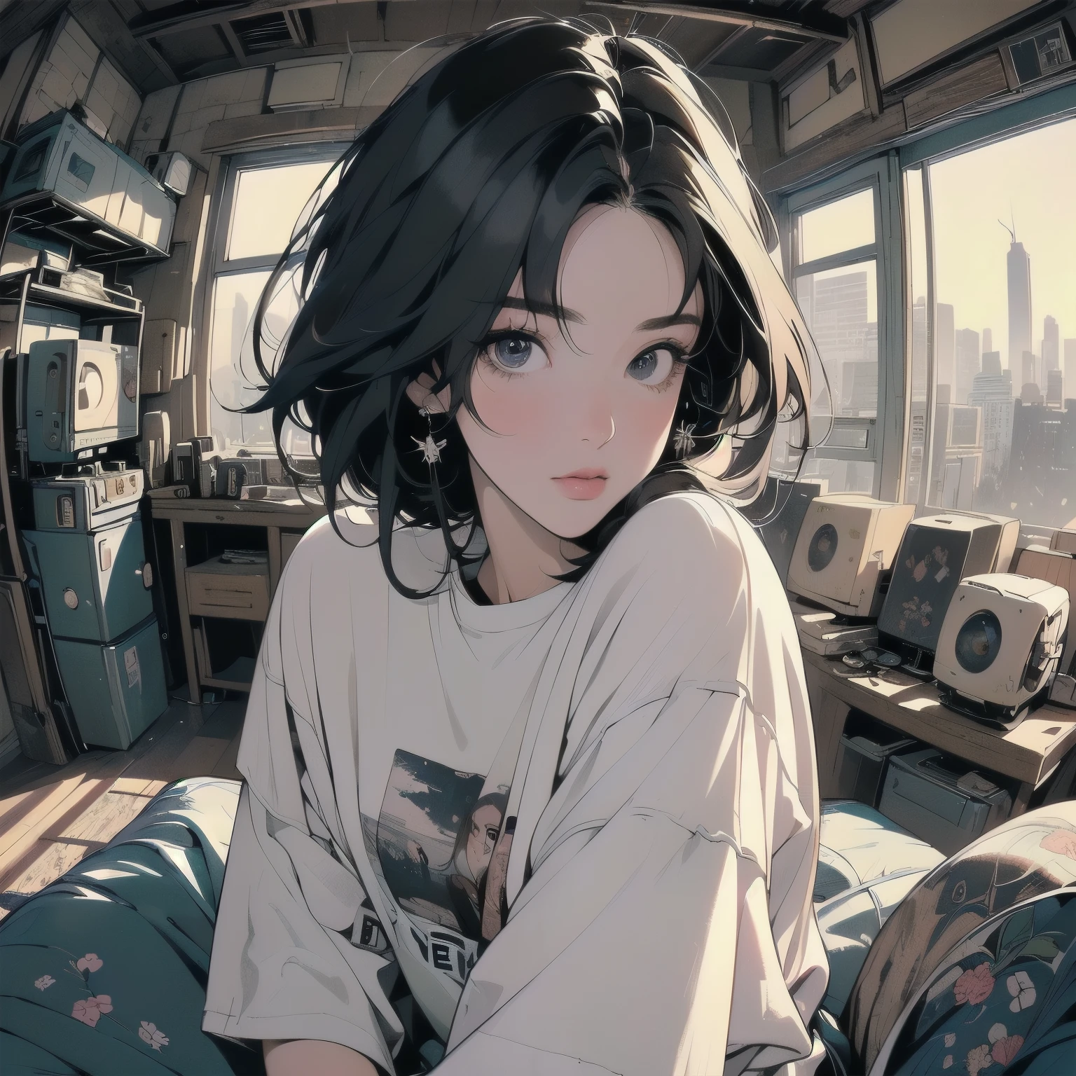 sitting on the couch in the living room、One woman, (((Perfect very beautiful face)))、(((東京のrooftopパティオ))), Futuristic Apartment, rooftop, Cyberpunk settings, Decaying house. Lo-fi portrait by the window, Cozy place, Post-apocalyptic perspective, Cyberpunk Apartment, (((White T-shirt))), Mr.々Angle、(((Very dull color)))、(((mysteriour.々Mixed hair color、Ultra detailed background、Detailed Hair、Cowboy Shot、(((A room with many machines)))、gear、flower、(((Fisheye Lens)))、Gorgeous light leaks