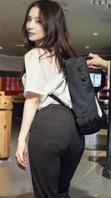 1 female,shrapnel,Suit pants,White shirt,Her underwear is visible,Panty lines are visible,Photograph your buttocks from a slightly lower angle,I reached out to pick up the luggage that was high up.,Fetish,High resolution,masterpiece,Best image quality,8k,Ultra-realistic