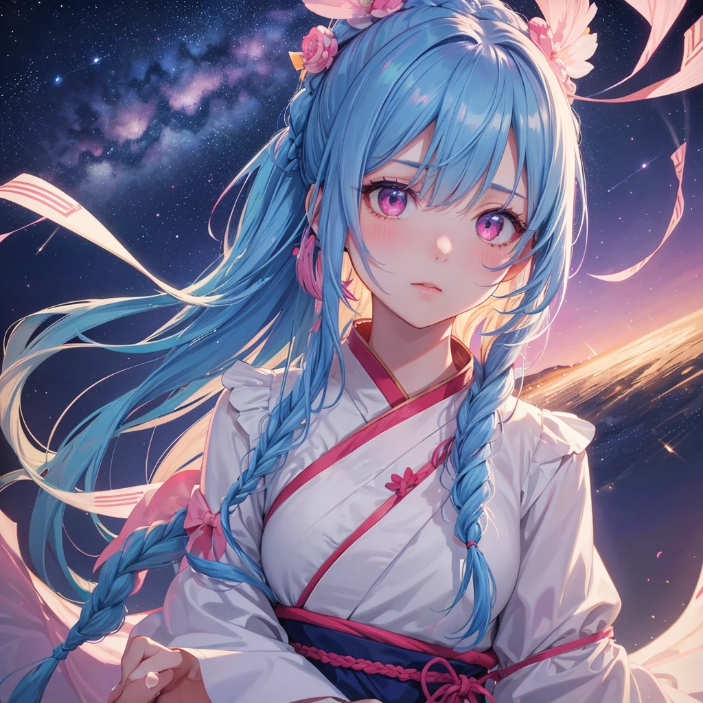 Sky blue hair, (One braided ponytail),(Pink Eyes),Fair skin ,(whole body),(One girl),Hanfu,Tanabata,(The Milky Way in the night sky),Hollow Eyes,Blushing,Straight bangs,(masterpiece, Highest quality, Very detailed, Best Shadow), (Detailed Background), (Beautifully detailed face), High Contrast, (Best lighting, Very delicate and beautiful), ((Cinematic Light)), colorful, Hyper Detail, Dramatic Light, Intricate details,