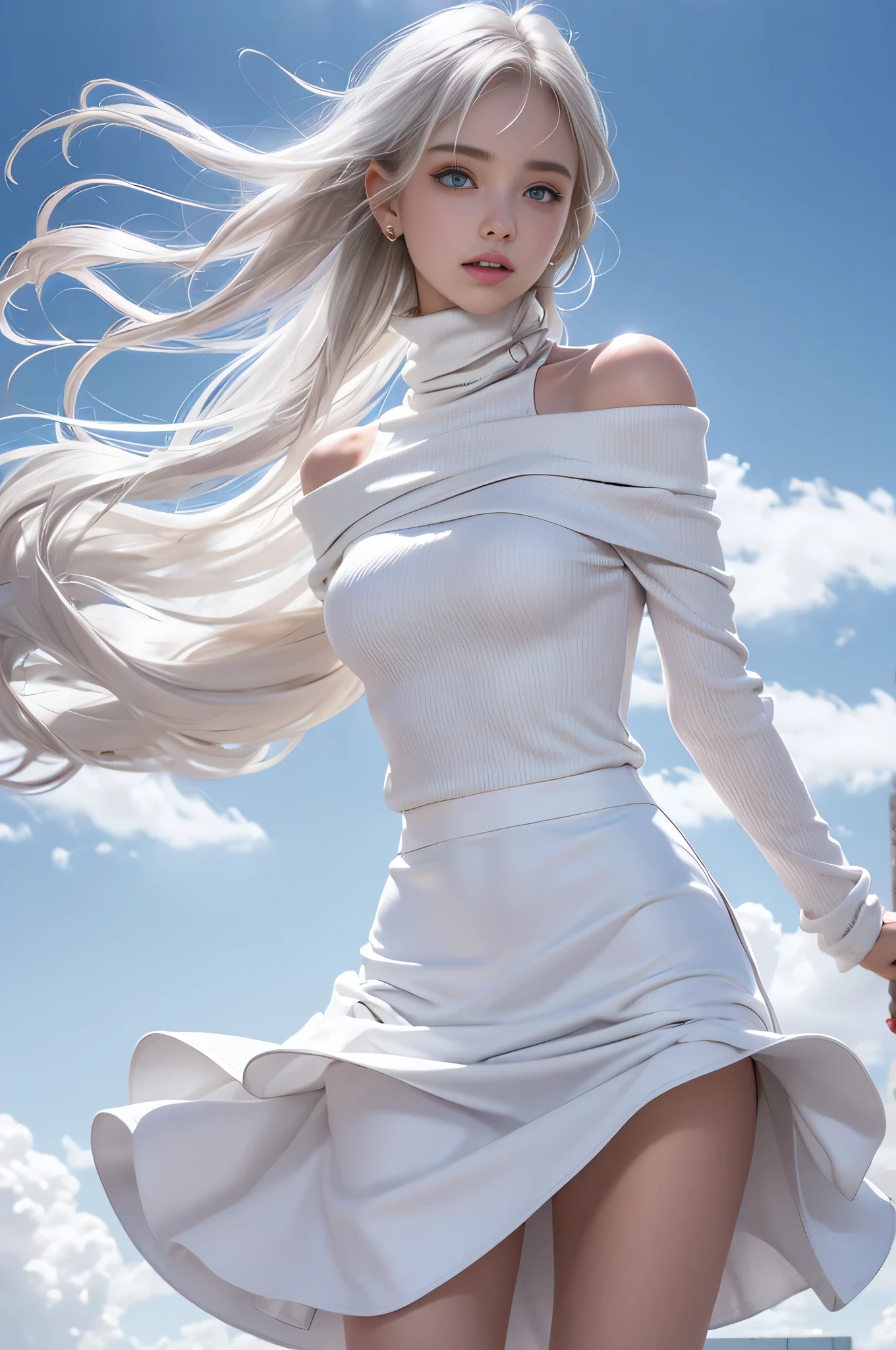 femele,Raised y,The kin exposed,White,white skinned,Big wind,a skirt,Pressed skirt,The expression is shy