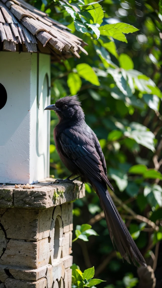 there is a large purple black bird, with stripes in a birdhouse with a tail, rare bird in the jungle, long tail, very beautiful and elegant, beautiful and elegant, long and elegant tail, captured on canon eos r 6, long tail, beautiful and graceful, long tails, by Sudip Roy, mischievous look, sitting on a curly branch, high quality nature photography