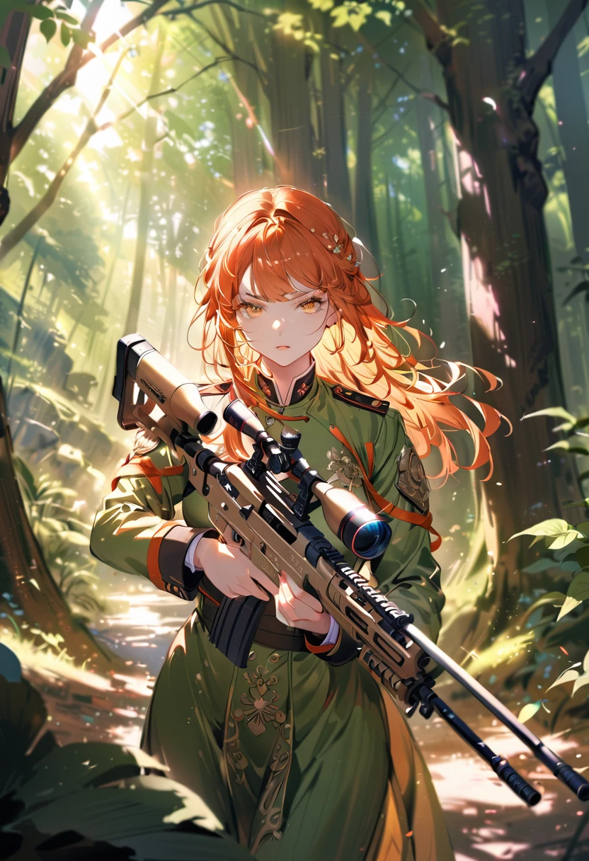 a female sniper, intricate details, highly detailed military uniform, detailed face, beautiful eyes, long eyelashes, determined expression, holding a sniper rifle, in a forest setting, sunlight filtering through the trees, photorealistic, cinematic lighting, vibrant colors, dramatic composition, masterpiece