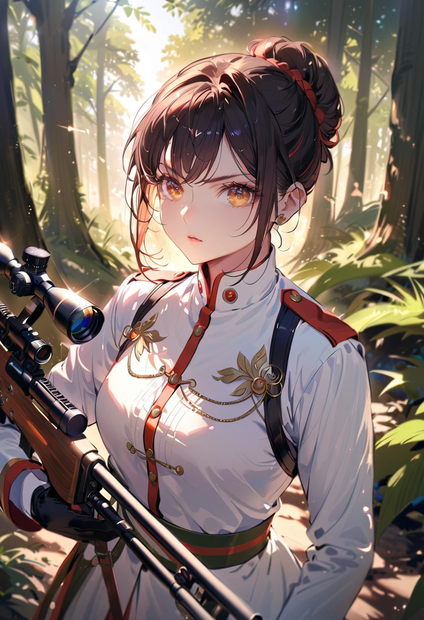 a female sniper, intricate details, highly detailed military uniform, detailed face, beautiful eyes, long eyelashes, determined expression, holding a sniper rifle, in a forest setting, sunlight filtering through the trees, photorealistic, cinematic lighting, vibrant colors, dramatic composition, masterpiece