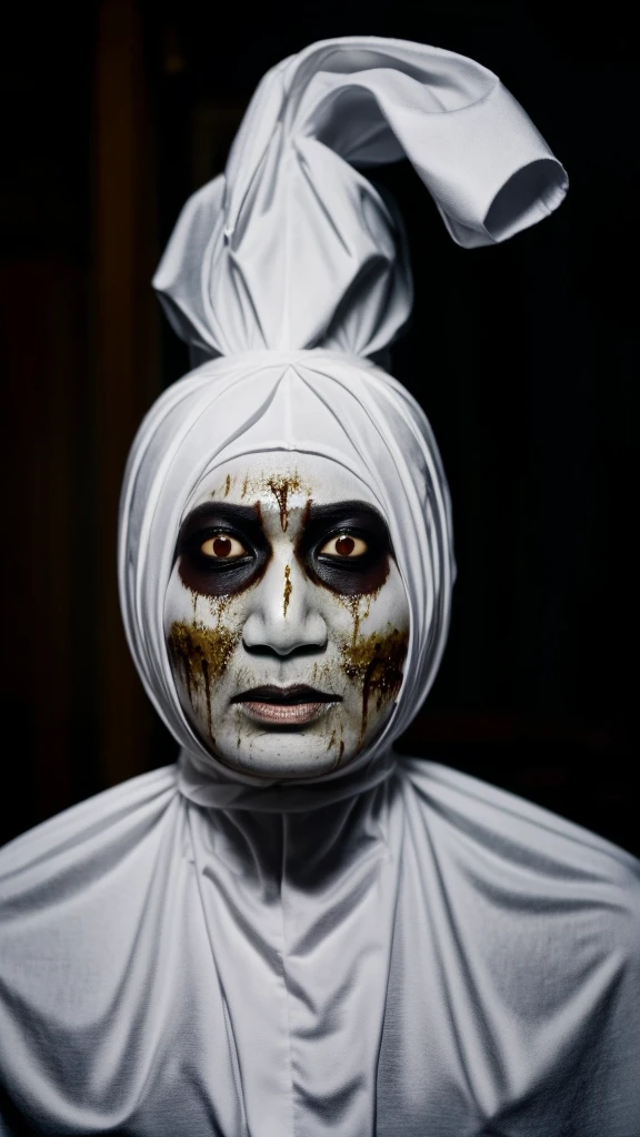 Half body shoot.((At banana leaf ,)).Pocong . Ghost.(( Scary face.))((White eyes)((No nose)) ((Skeleton nose))) Skeleton. Movie mood horror. Blood on face. ((Realistic)). Big eyes. White eyes.((solo)). At banana leaves . Ripped skin. Skeleton