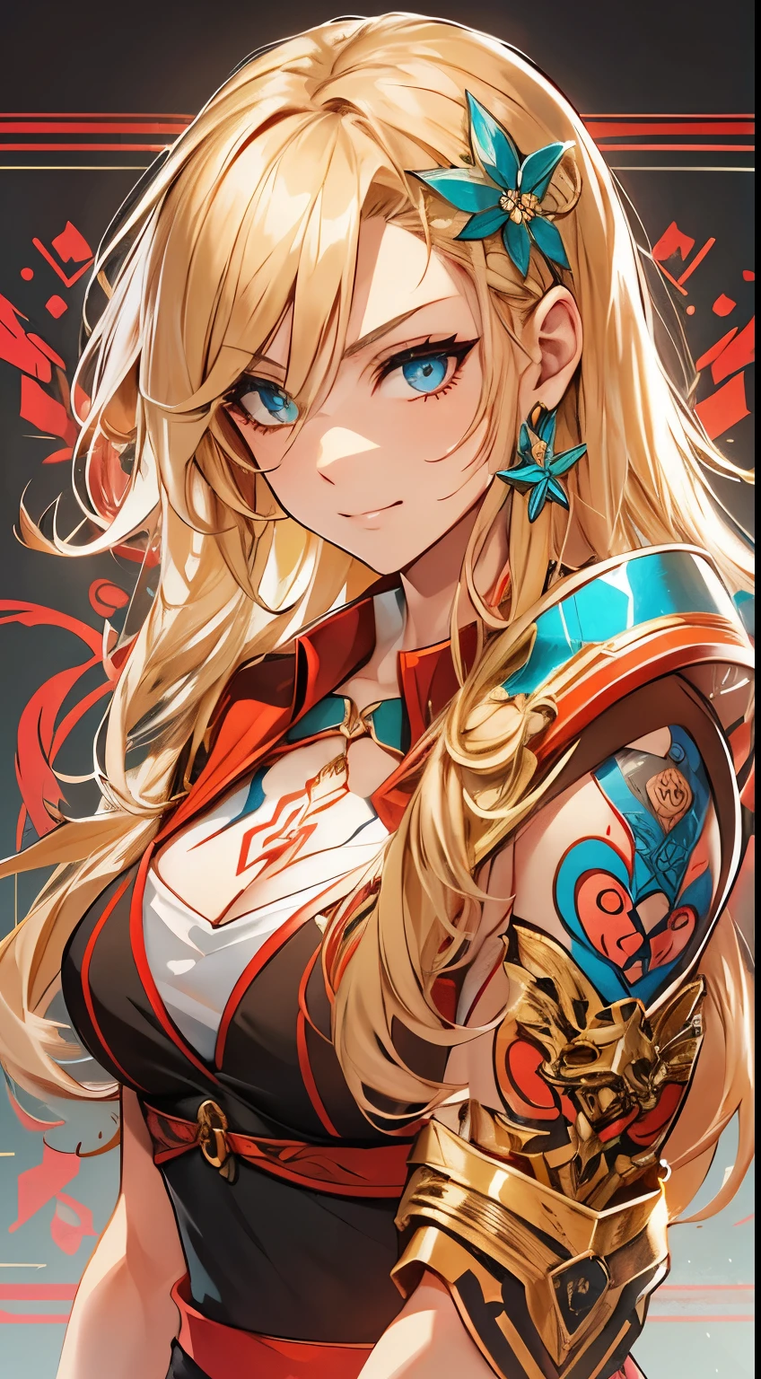 young girl, longue blonde hair, Hairpin with a bundle, turquoise eyes, Yakuza tattoos, red tight uniform, Sleeveless, Wide neckline on the chest to the abdomen, Gold Elements, Red gold armor, Shorts, claws, smirk, Masterpiece, hiquality, 4k, HD, Good detail