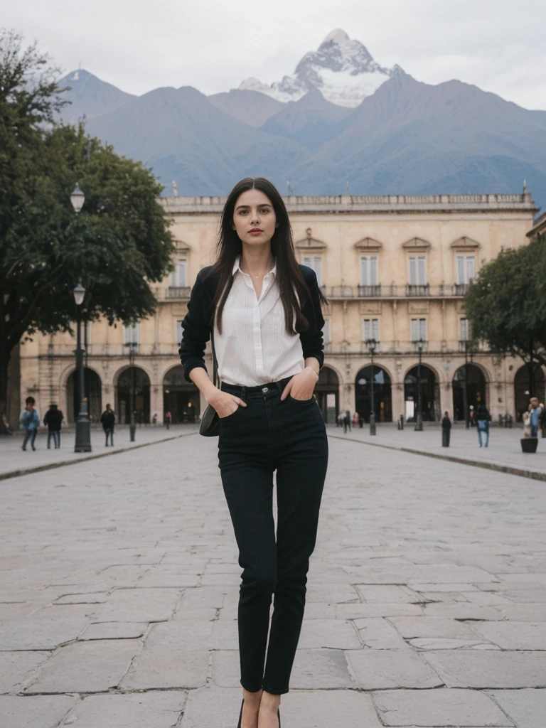 her name is Amelie, high quality, 1girl, ((25-year-old fit Caucasian woman)), ((25 years old)), ((SLIM)), ((long dark hair), pose: standing, wearing In style in trend Generation-Z modern wear different colored, BACKGROUND:"In the Plaza de Armas, surrounded by colonial architecture and with the Andes Mountains in the distance."