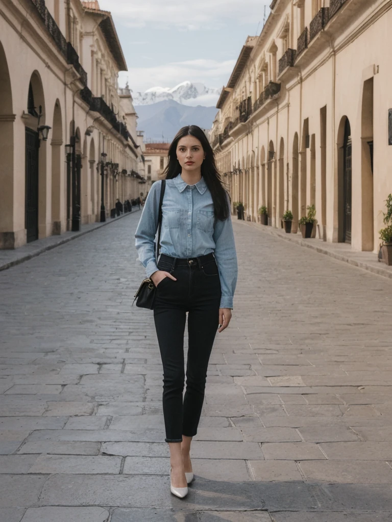 her name is Amelie, high quality, 1girl, ((25-year-old fit Caucasian woman)), ((25 years old)), ((SLIM)), ((long dark hair), pose: standing, wearing In style in trend Generation-Z modern wear different colored, BACKGROUND:"In the Plaza de Armas, surrounded by colonial architecture and with the Andes Mountains in the distance."