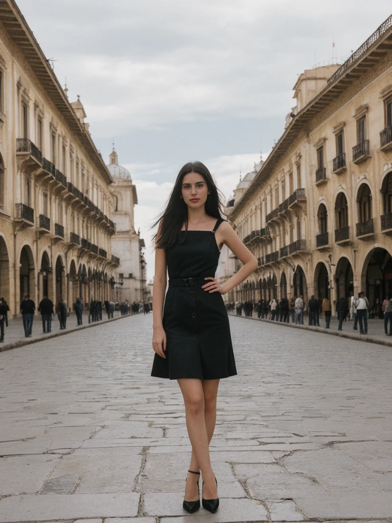 her name is Amelie, high quality, 1girl, ((25-year-old fit Caucasian woman)), ((25 years old)), ((SLIM)), ((long dark hair), pose: standing, wearing In style in trend Generation-Z modern wear different colored, BACKGROUND:"In the Plaza de Armas, surrounded by colonial architecture and with the Andes Mountains in the distance."