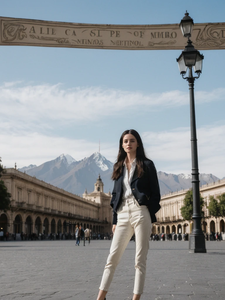 her name is Amelie, high quality, 1girl, ((25-year-old fit Caucasian woman)), ((25 years old)), ((SLIM)), ((long dark hair), pose: standing, wearing In style in trend Generation-Z modern wear different colored, BACKGROUND:"In the Plaza de Armas, surrounded by colonial architecture and with the Andes Mountains in the distance."