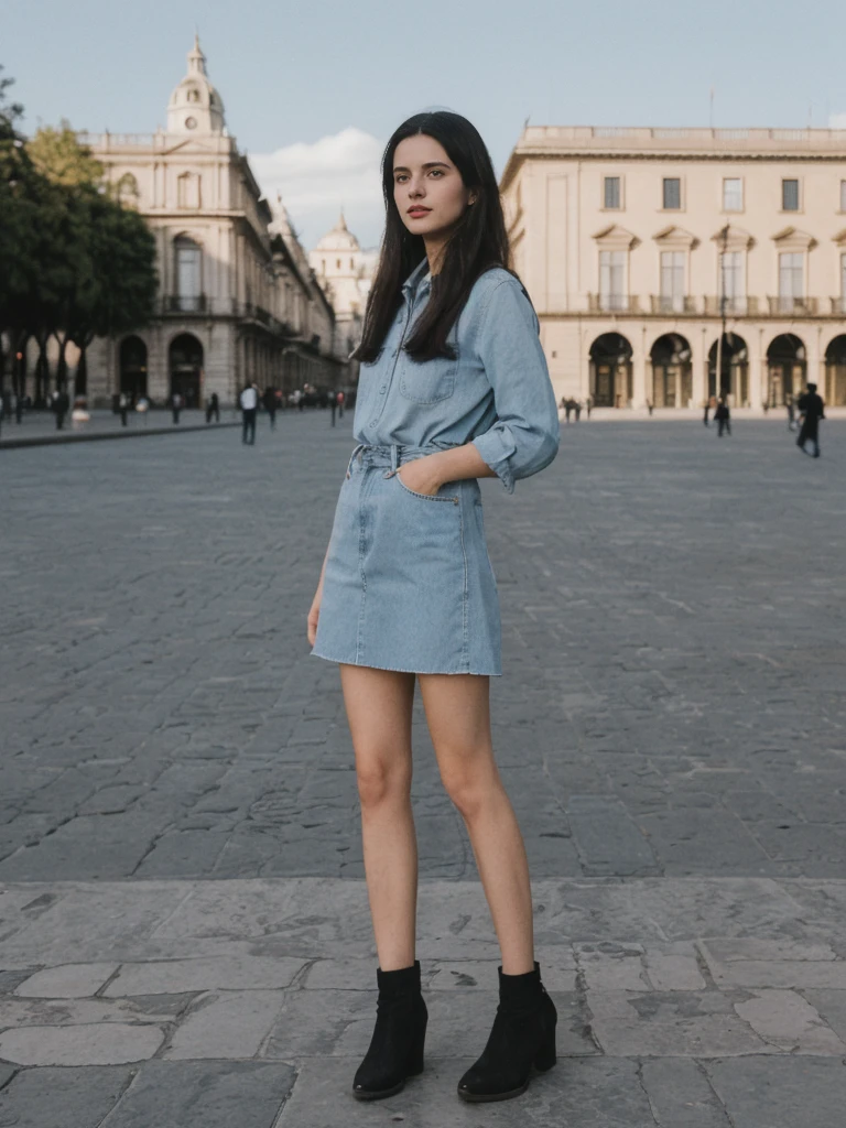 her name is Amelie, high quality, 1girl, ((25-year-old fit Caucasian woman)), ((25 years old)), ((SLIM)), ((long dark hair), pose: standing, wearing In style in trend Generation-Z modern wear different colored, BACKGROUND:"In the Plaza de Armas, surrounded by colonial architecture and with the Andes Mountains in the distance."