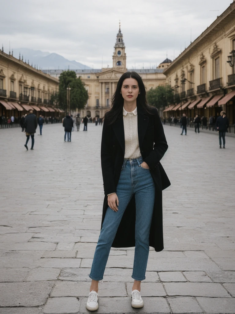 her name is Amelie, high quality, 1girl, ((25-year-old fit Caucasian woman)), ((25 years old)), ((SLIM)), ((long dark hair), pose: standing, wearing In style in trend Generation-Z modern wear different colored, BACKGROUND:"In the Plaza de Armas, surrounded by colonial architecture and with the Andes Mountains in the distance."