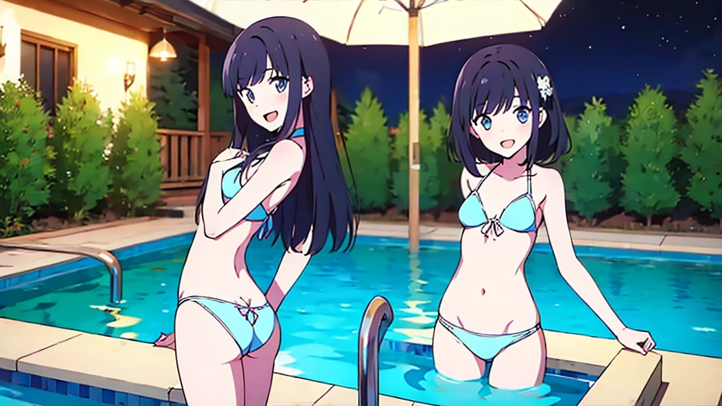 Masterpiece, Best Quality, extremely detailed, cheered up, girl,night pool,high waist bikini,SMILE,:d,action,(small breasts),ass focus