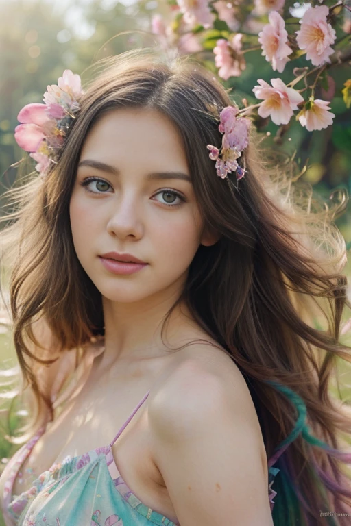 A whimsical girl with long flowing flower hair,dancing in a vibrant colorful field,dreamy watercolor painting,beautiful detailed eyes,beautiful detailed lips,extremely detailed face and portrait,intricate floral hairstyle,magical realism,natural lighting,pastel colors,soft focus,ethereal atmosphere,delicate brushstrokes,lush flora,impressionistic,romantic,fantasy,high quality