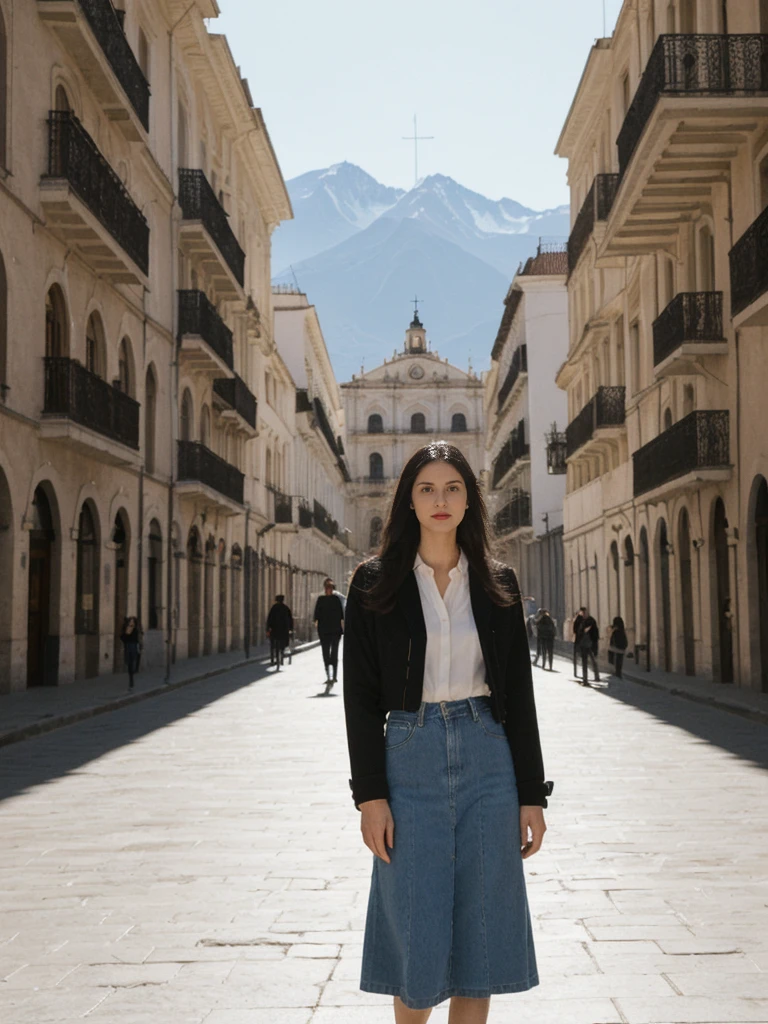 her name is Amelie, high quality, 1girl, ((25-year-old fit Caucasian woman)), ((25 years old)), ((SLIM)), ((long dark hair), pose: standing, wearing In style in trend Generation-Z modern wear different colored, BACKGROUND:"In the Plaza de Armas, surrounded by colonial architecture and with the Andes Mountains in the distance."