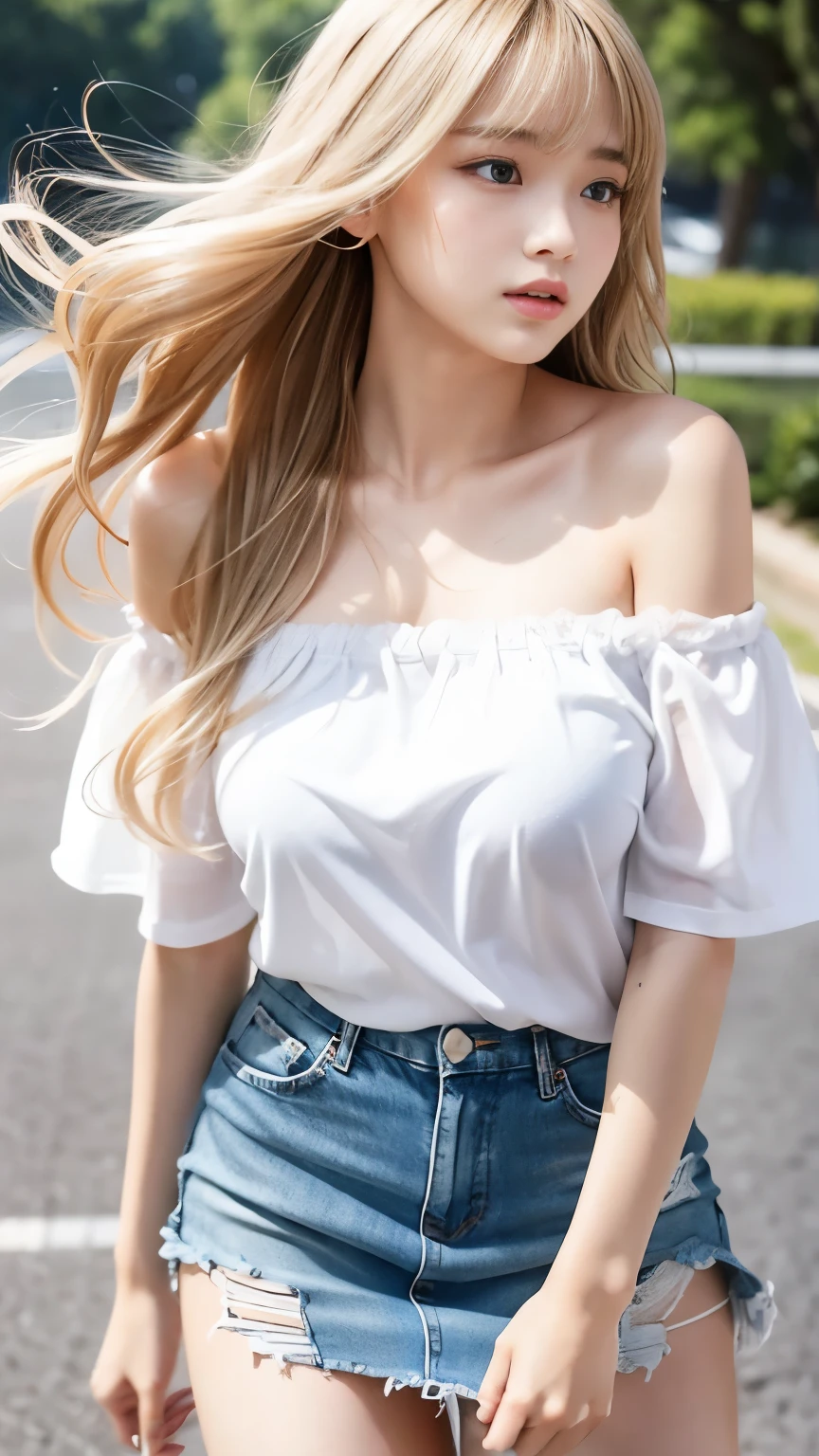 sexy big breasts、Sexy cute looks and cute 15 year old beautiful girl, Beautiful and sexy face、The strong wind blows the hair in front of my face、Beautiful blonde medium wavy hair with cute and sexy eyes hidden by long bangs、Off-the-shoulder t-shirt、Tulle miniskirt