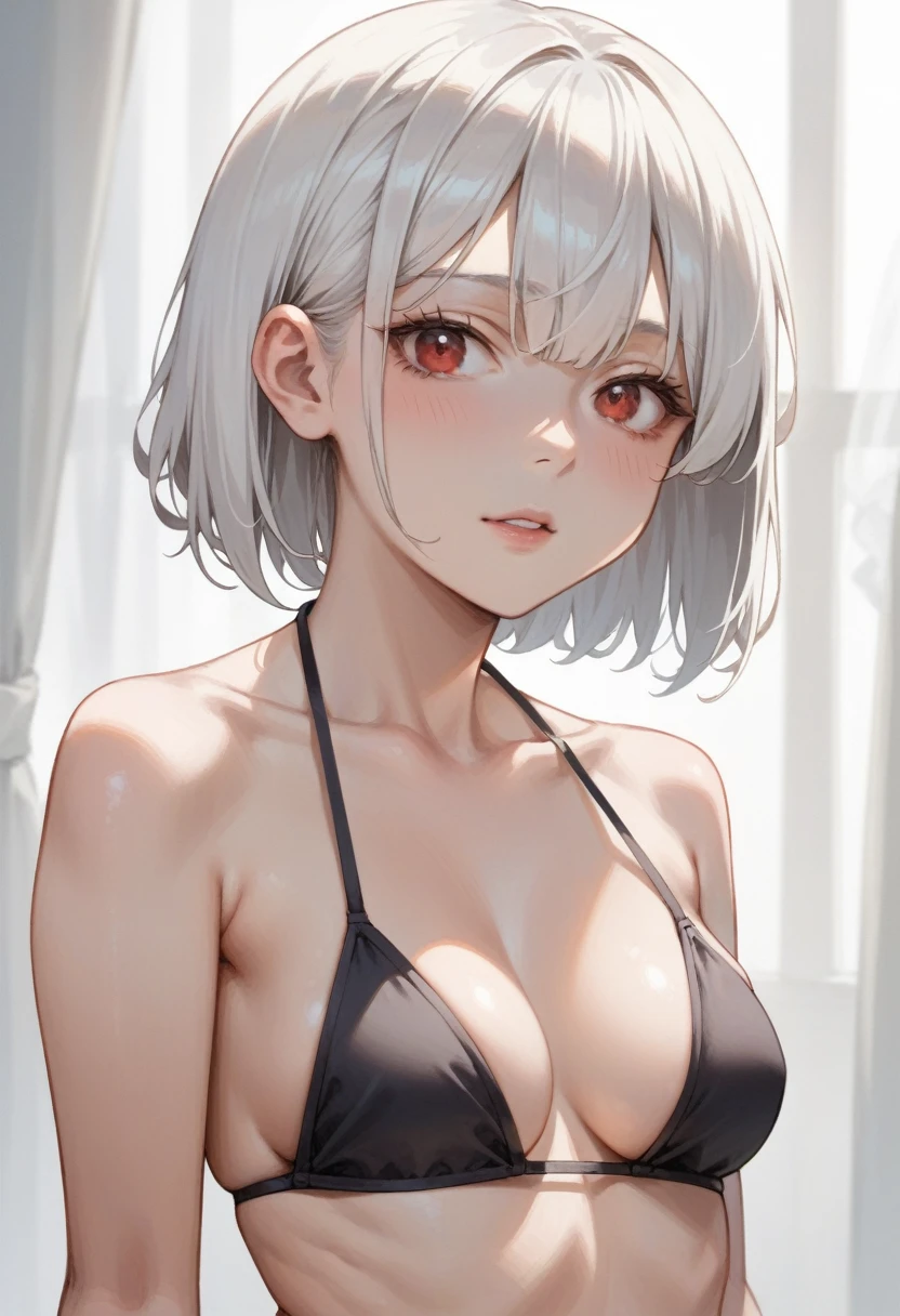 anime girl with white hair and red eyes in a black bikini, seductive anime girl, perfect white haired girl, cel shaded anime, silver hair girl, an anime girl, white haired lady, girl with white hair, female anime character, white haired, girl with short white hair, anime woman, attractive anime girl, anime character, white haired deity, anime style character