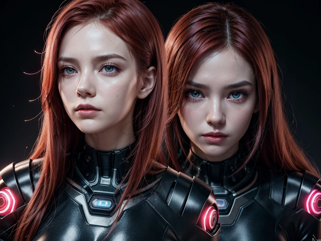 A woman with intense, styled red hair, perhaps with neon streaks. Her expression is serious and determined, with one half of her face appearing cybernetic. She has bright pink glowing eyes, with the cybernetic eye having a more intense glow, suggesting advanced technological implants. She is looking directly at the screen, establishing an intense connection with the observer. Her skin has a pale tone on the human side, while the cybernetic side features metallic and synthetic components. There is a vibrant neon reflection on her face, adding to the futuristic atmosphere. The neon light highlights her features and enhances the cyberpunk aesthetic.