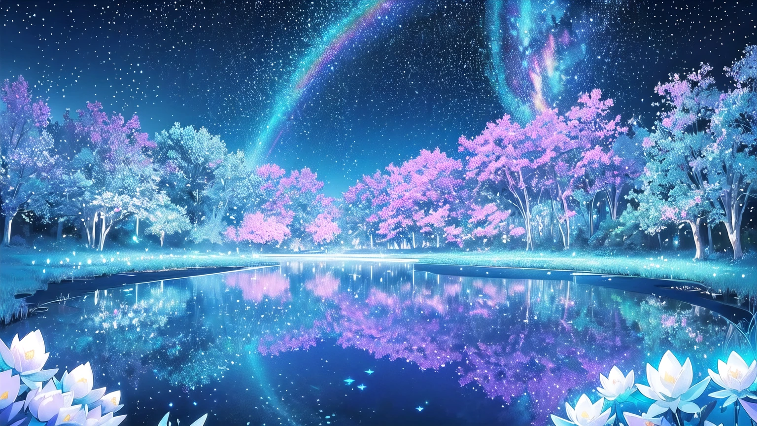 Mystical landscape with ((luminous starry blue and white flowers emitting light particles surrounding pond)),softly glowing butterflies, (one beautiful vivid purple sakura tree), (((unique view with extremely vivid multicolors without any people))), {extremely detailed 16k CG unity wallpaper}, expansive natural landscape photography, (wide open field view), (low angle shot),complex details, (iridescent colors: 1.6), (dark night lighting), (atmospheric lighting), Dreamy, unique, no people, reflections perfect,(no humans),landscape only, pixiv_fantasia,((starry glittering pond,water filled with shimmering stardust)),dark night