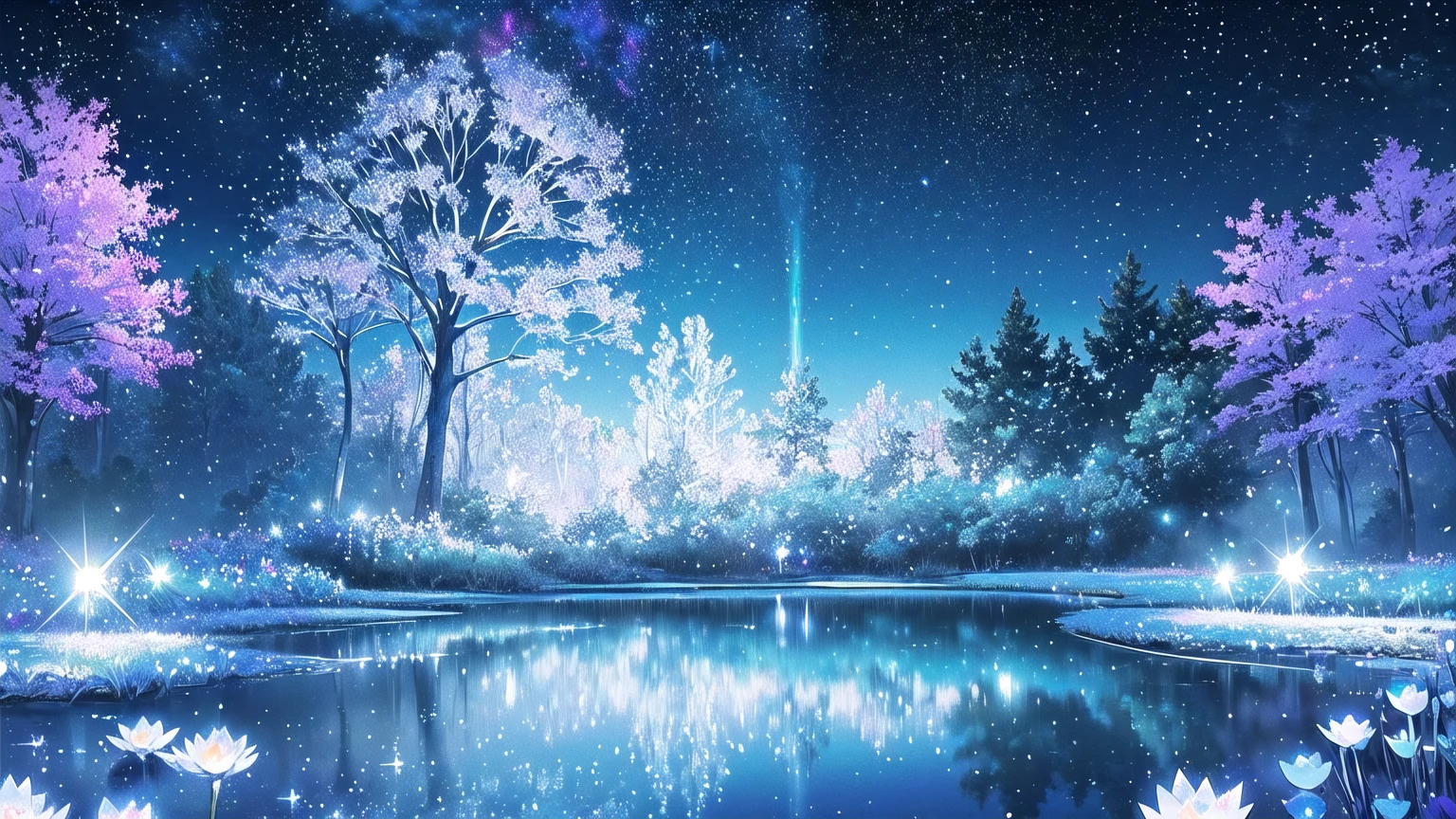 Mystical landscape with ((luminous starry blue and white flowers emitting light particles surrounding pond)),softly glowing butterflies, (one beautiful vivid purple sakura tree), (((unique view with extremely vivid multicolors without any people))), {extremely detailed 16k CG unity wallpaper}, expansive natural landscape photography, (wide open field view), (low angle shot),complex details, (iridescent colors: 1.6), (dark night lighting), (atmospheric lighting), Dreamy, unique, no people, reflections perfect,(no humans),landscape only, pixiv_fantasia,((starry glittering pond,water filled with shimmering stardust)),dark night