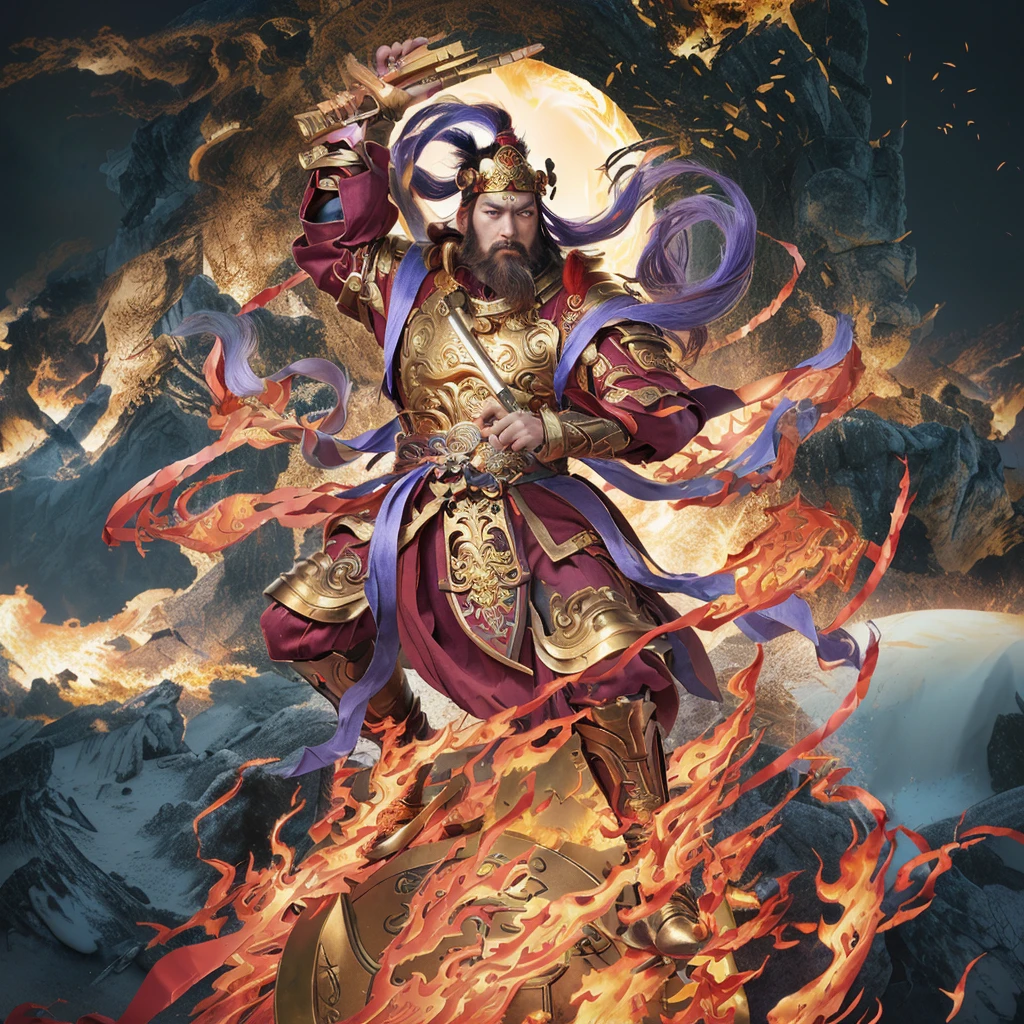 a fierce chinese warrior with a golden bamboo sword, fire, asura from chinese myth, maroon beard and hair, purple deity ribbon, standing on huge golden wheel, 3 eyes, golden armour, taoist priest, taoist master, small crown, eyebrow connected to standing hair, 