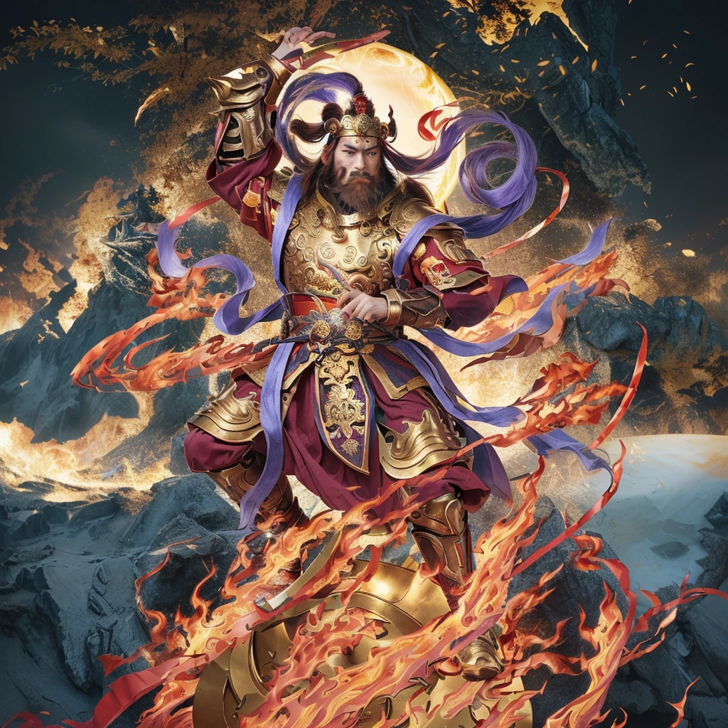 a fierce chinese warrior with a golden bamboo sword, fire, asura from chinese myth, maroon beard and hair, purple deity ribbon, standing on huge golden wheel, 3 eyes, golden armour, taoist priest, taoist master, small crown, eyebrow connected to standing hair, 