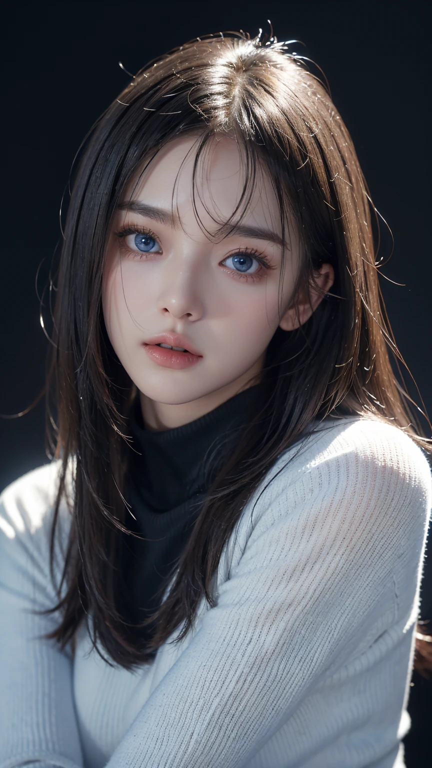 masterpiece, highest quality, Super detailed, Facing the camera, Super detailed, Realistic, Sharp features, Very detailed, Sharp focus, Perfect Face, Perfect Face, Perfect symmetrical perfect eyes, Perfect Plump Lips, Flexible female form, cinematic, Film Light, Super detailed, hyper Realistic, masterpiece, Atmospheric, High resolution, Vibrant, Dynamic Studio Lighting, ((Dark Background)), The expression when enduring pleasure, Straight bangs, blue eyes,Black sweater, Cowboy Shot,turtleneck、first round、Sexually aroused expression