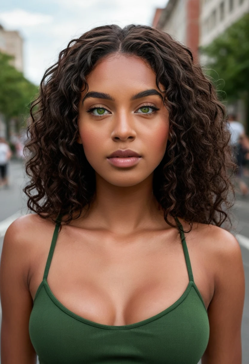 Photo Walking through the city: Capture the natural movement of the model walking along a busy street, focusing on the fluidity of the movements. woman wears black top and short black skirt, with white sneakers. Completely Arafed woman, with green eyes, open eyes and head high. Confident pose, confident pose, beautiful young black woman with dark skin, black Brazilian mixed race, beautiful 30 year old Afro-Latina girl, beautiful African and Latin woman, Brazilian and Angolan descent, black woman, mixing African and indigenous features, a unique blend of indigenous, African and European ebony. The hair is extremely curly, with well-defined and voluminous curls. The natural texture. Her hair is long, falling in voluminous waves around her shoulders and down her back. The hair is left with a lot of volume, creating a full and dense appearance. The hair is black. green eyes, green eyes, expressive green eyes, beautiful green eyes, realistic green eyes, detailed green eyes (eyeliner, long eyelashes). Perfect, thick eyebrows. the nose is small and proportional, the face is beautiful. Attractive and irresistible mouth, well-defined lips, full lips, voluminous lips, seductive lips. The face is oval, with high cheekbones and a well-defined chin, a beautiful and detailed face. Professional, dramatic makeup, a more impactful look with shadows that accentuate the captivating look, striking makeup, with eyeliner, black lipstick. Skin tone: Olive skin, healthy and even glow, with olive skin, dark skin, sexy girl with olive skin, detailed skin texture, beautiful and glowing skin, intricate details, smooth skin, healthy and radiant appearance. The woman has a well-defined and athletic body. Her silhouette is shapely, highlighting her thin waist in contrast to her fuller hips and bust. She has a prominent bust, with large, firm breasts, silicone breasts, voluminous breasts. Thin waist. The hips are wide and well defined, with a pronounced hourglass shape and a large butt. The legs a