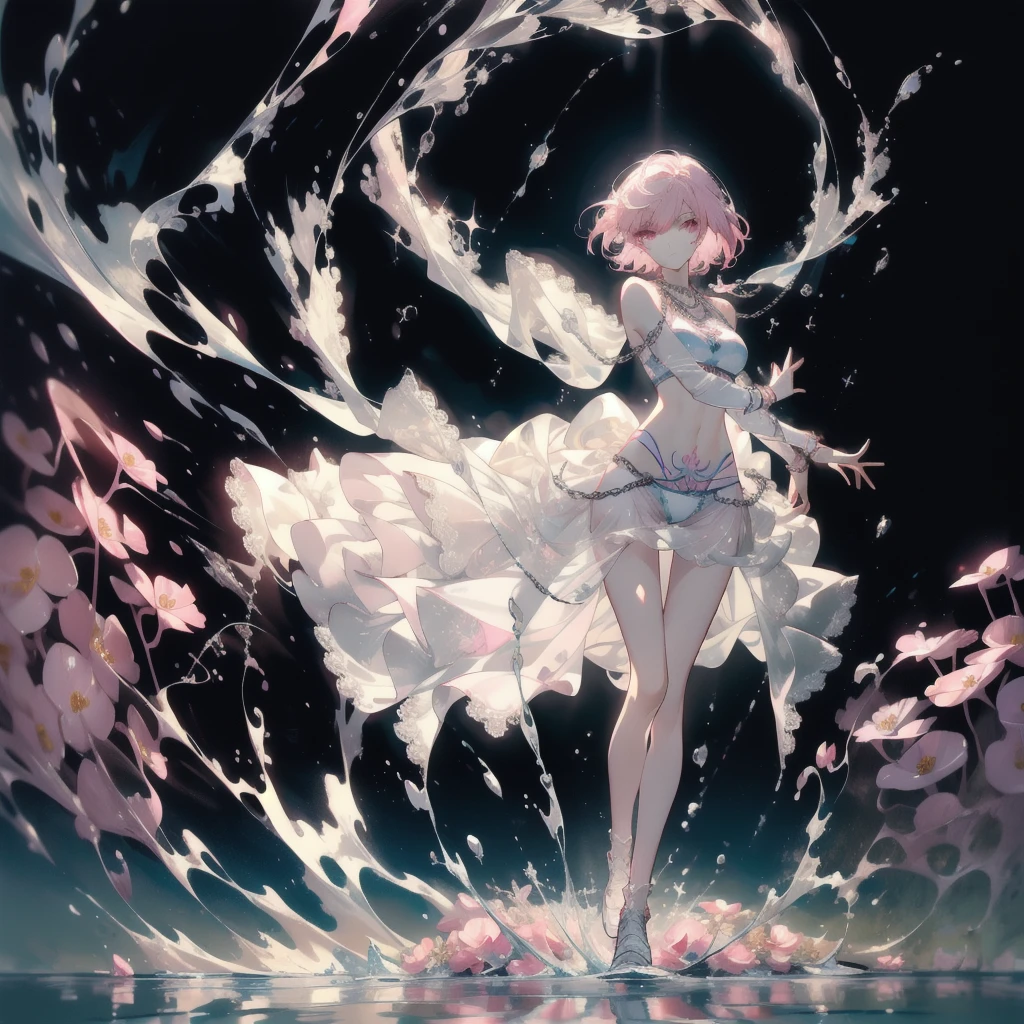 ((masterpiece, best quality)), Delicate face，Magician，Standing picture，whole body，Perfect body proportions，Long legs，Handsome short hair，Nice pink eyes，Fantasy style，White background，Extremely beautiful，transparent，Pure white armor，Sexy bikini，Sea of Flowers，Water Ripples，chain，Tattoo，Lace，exposed