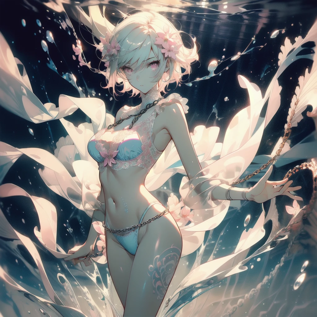 ((masterpiece, best quality)), Delicate face,Magician,Standing picture,whole body,Perfect body proportions,Long legs,Handsome short hair,Nice pink eyes,Fantasy style,White background,Extremely beautiful,transparent,Pure white armor,Sexy bikini,Sea of Flowers,Water Ripples,chain,Tattoo,Lace,exposed