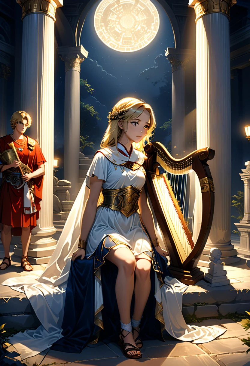 Ancient Greek temple, at night, main characters are two young men and girl, the young man stands, the girl sits, leaning against a pillar, a handsome young man around 20 years old, with loose shoulder-length blond hair, a Roman soldier, wearing liturgical military uniform, Roman sandals and calf and knee pads, standing leaning against the pillar and listening to the music played by a priestess, bowed slightly, holding a Roman helmet in one arm, weight on one leg with the other slightly bent, late at night, inside the temple (dark: 1.3) (unlit: 1.2), moonlight filtering in at an angle, illuminating him clearly, a young priestess sits inside the temple a little distance from him, (playing a harp:1.5) larger than her, holding it in front of her, late at night, inside the temple (dark: 1.3) (unlit: 1.2), moonlight filtering in at an angle, illuminating her faintly. Highly detailed, photorealistic, realistic lighting, intricate architecture, ornate decorations, cool color palettes, golden accents, soft fabric textures, seductive facial expressions, graceful poses, cinematic compositions, natural lighting, realistic shadows, mysterious atmosphere, hyper-realistic, award-winning art