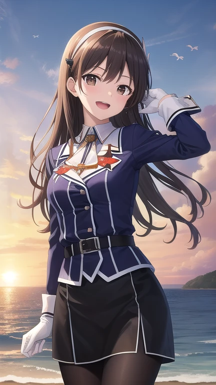 ((masterpiece)),(best quality),official art,extremely detailed CG,unity 8k wallpaper,ultra detailed,A lighthouse on a cliff by the sea,1girl,solo,cowboy shot,long_hair,brown_hair,purple_jacket,pencil_skirt,black_skirt,white_pantyhose,white_gloves,wavy_hair,brown_eyes,white_hairband,long_sleeves,smile,belt,looking_at_viewer,military_uniform,open_mouth,