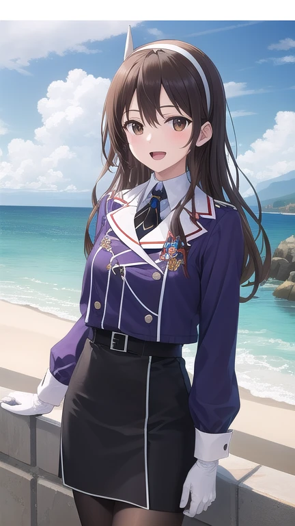 ((masterpiece)),(best quality),official art,extremely detailed CG,unity 8k wallpaper,ultra detailed,A lighthouse on a cliff by the sea,1girl,solo,cowboy shot,long_hair,brown_hair,purple_jacket,pencil_skirt,black_skirt,white_pantyhose,white_gloves,wavy_hair,brown_eyes,white_hairband,long_sleeves,smile,belt,looking_at_viewer,military_uniform,open_mouth,