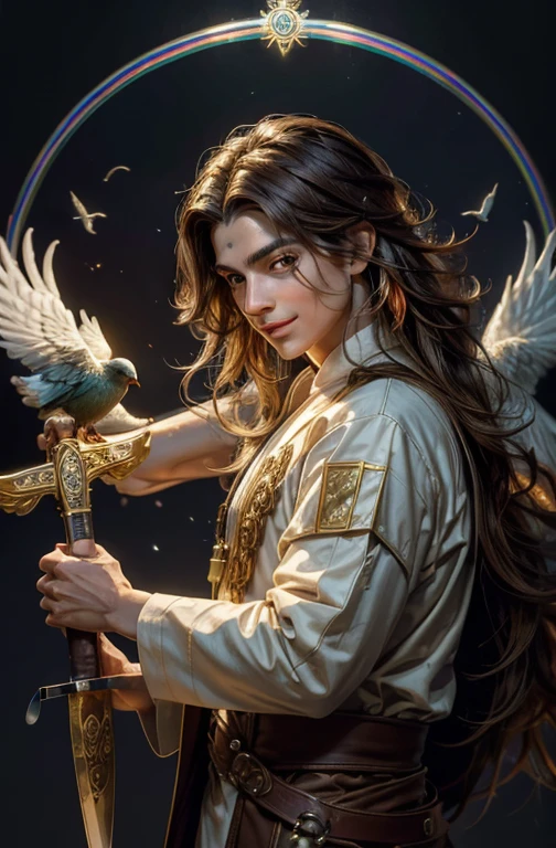 On his chest is a painting of a bird with a rainbow feathered tail encircling it like religious iconography. He has brown long-haired is handsome Symmetrical featured Male Monk with a knack for painting, and spreading love and peace. Brown long-haired handsome Symmetrical featured Male Priest with the religious iconography of a bird with a rainbow feathered tail. This priest has a knack for painting, spreading love and peace. Holding a paintbrush with a smile on his face facing forward.