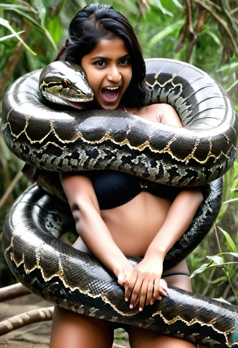  Happy Horny, aroused 1girl), beautiful   Indian  young teen girl with  giant colossal Kaa monster squeezing her hard, wrapped in thick spiraling coils, constricted, struggle, gasping for air, snake attack, snake peril,