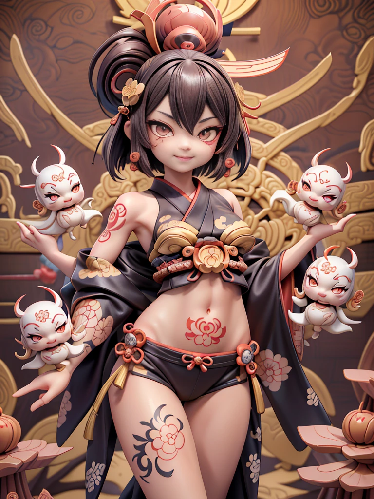 ,blind box, shuten douji, headpiece, revealing clothes, bare arms, ankle ribbon, barefoot sandals, flirty look, small breasts, slim, wide hips, young girl,