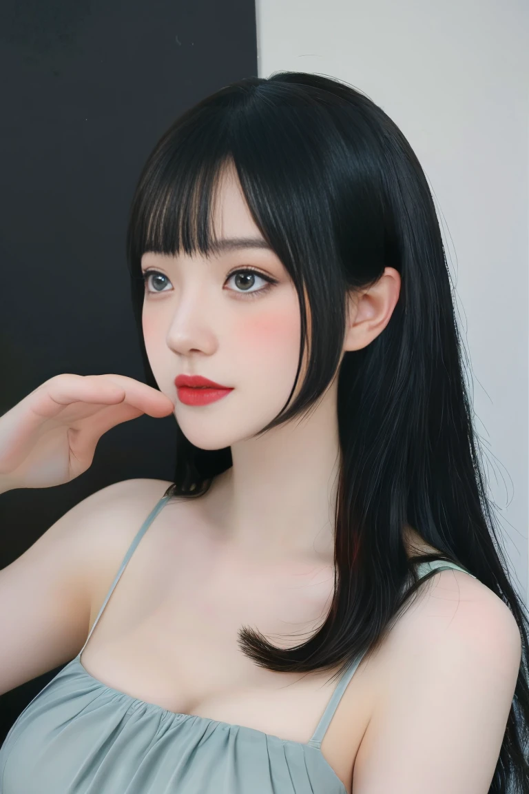 4k ultra high definition、best quality, masterpiece, ultra-high resolution, (Reality: 1.4), Light hair、(My girl、My cosmetics)、 Danteidong、((Oily skin, Fair skin、Realistic skin texture、Smooth and beautiful skin、Skin bright and radiant)), (panorama:1.8)(masterpiece, best quality, Very detailed, Best shadows), (Detailed background), (Beautiful and smooth face), High contrast, (Optimal lighting, Very smooth), (( Bright)), Colorful, Highly Detailed, Dramatic Light, Intricate Detail, alone, Sharp face, Hair between the eyes, Dynamic Angle, Depth of Field, (glass shards), (upper body:1.5),  bangs, 1girl,solo, long hair, (black hair1.5), (black dress), (super Giant breasts:1.5), (shagging breasts:1.5), (looking at viwer:1.5), (standing),