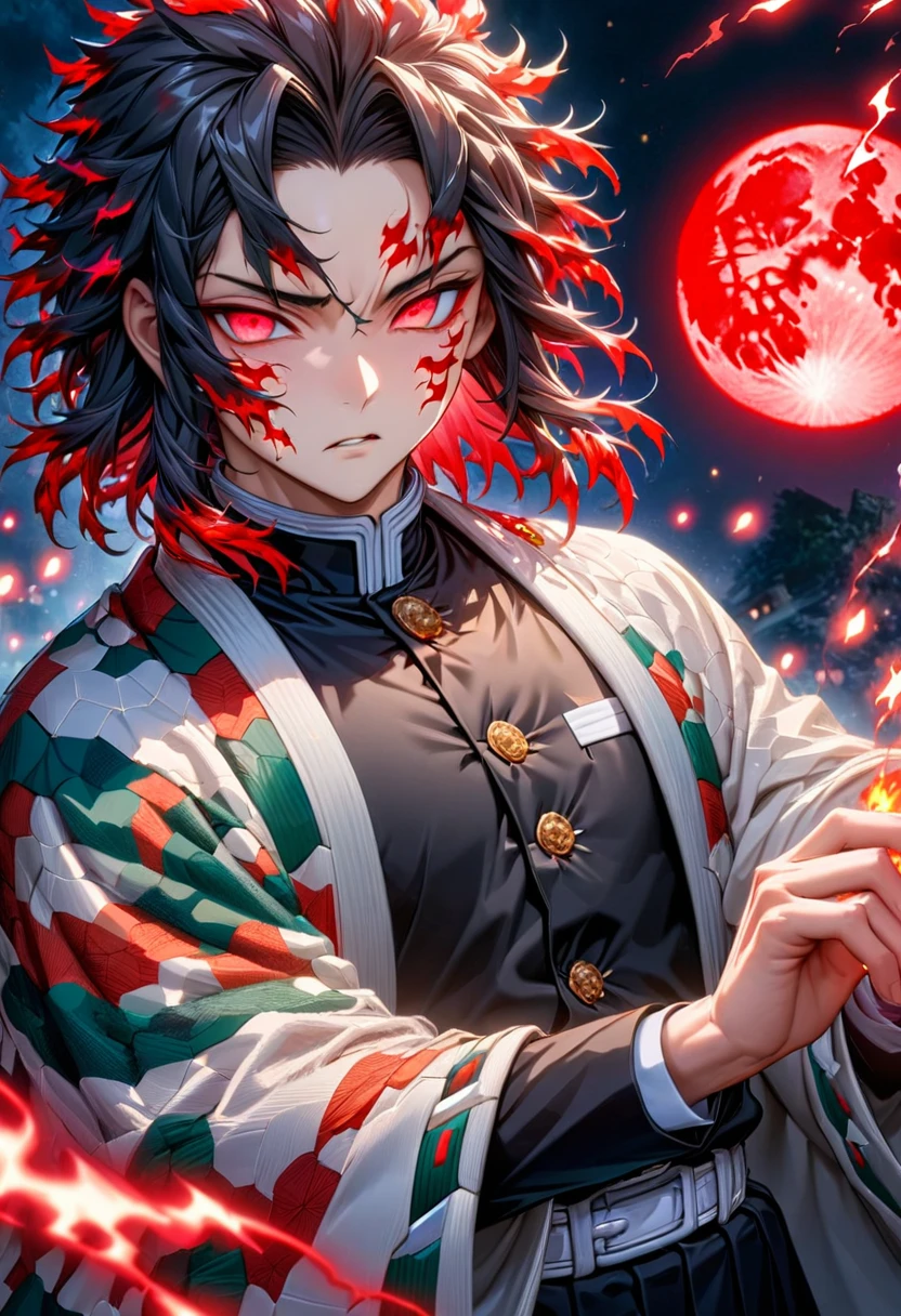 Ultra detailed, highres, absurdres, HDR, master piece, male demon slayer, black medium length hair, expressive red eyes, white haori with patters of flames, black demon slayer uniform, Kimetsu No Yaiba, fantasy, handsome, sexy man, solo, magic, shining red fireflies, best quality, extremely detailed face and eyes, fire, red moon, red lightning, 