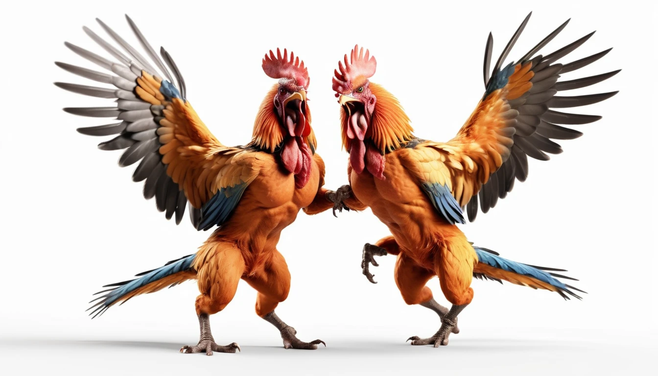 (best quality, 8K, high resolution, masterpiece), ultra detailed, (3D CGI), angry two Cockfight fighting jump pose, angry two Cockfight on a white background, winning photo