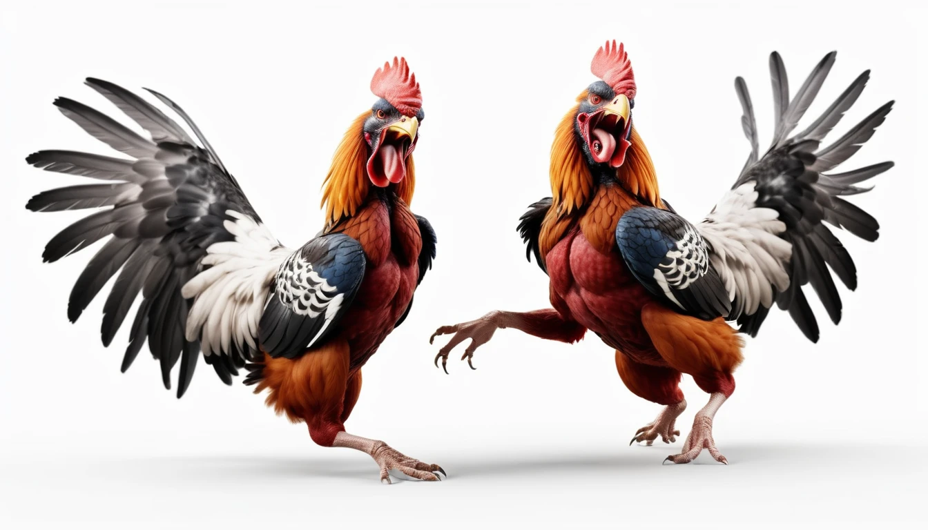 (best quality, 8K, high resolution, masterpiece), ultra detailed, (3D CGI), angry two Cockfight fighting jump pose, angry two Cockfight on a white background, winning photo