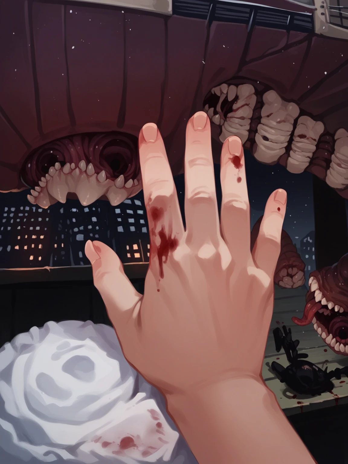 1girl, human transforming, sharp_teeth, bifurcated jaw, blood from mouth, long tongue, sharp claws, arthropod limbs, exposed bone, tentacles, blood stain, deformed, creature, monster, body horror, tearing through clothing, solo, horror \(theme\), outdoors, night, snowing, snowfield, winter, The Thing,
