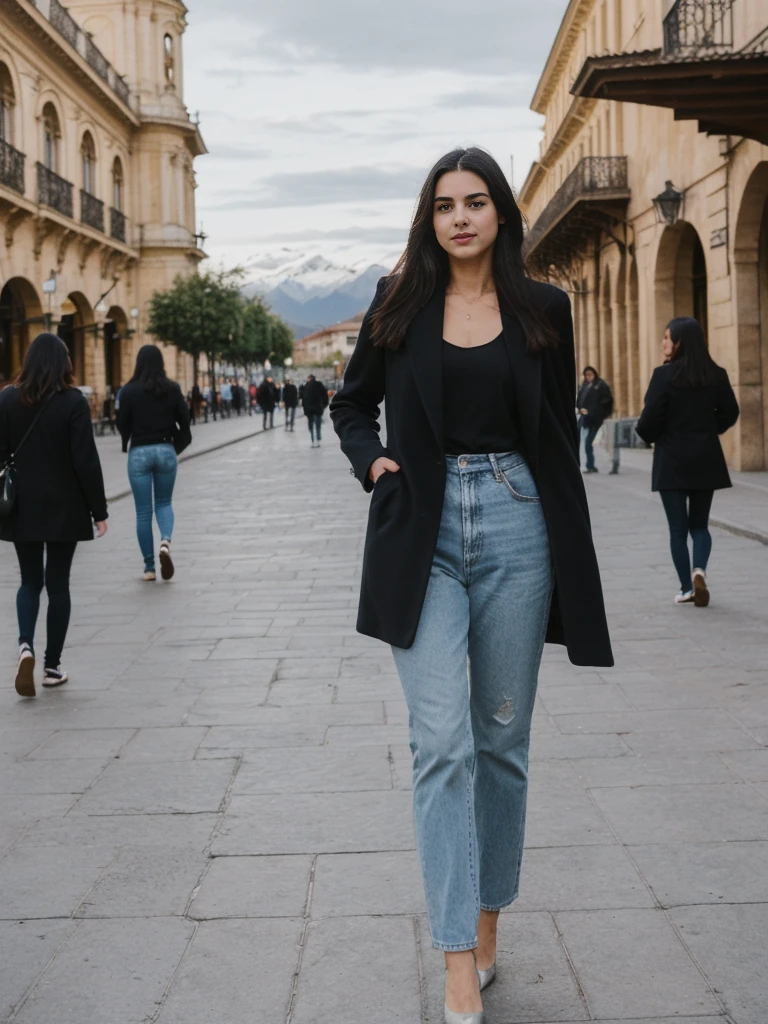 her name is Amelie, high quality, 1girl, ((25-year-old fit Caucasian woman)), ((25 years old)), ((SLIM)), ((long dark hair), pose: standing, wearing In style in trend Generation-Z modern wear different colored, BACKGROUND:"In the Plaza de Armas, surrounded by colonial architecture and with the Andes Mountains in the distance."