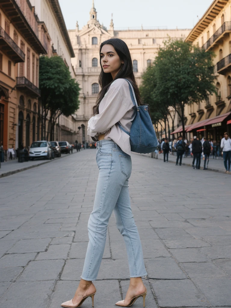 her name is Amelie, high quality, 1girl, ((25-year-old fit Caucasian woman)), ((25 years old)), ((SLIM)), ((long dark hair), pose: standing, wearing In style in trend Generation-Z modern wear different colored, BACKGROUND:"In the Plaza de Armas, surrounded by colonial architecture and with the Andes Mountains in the distance."