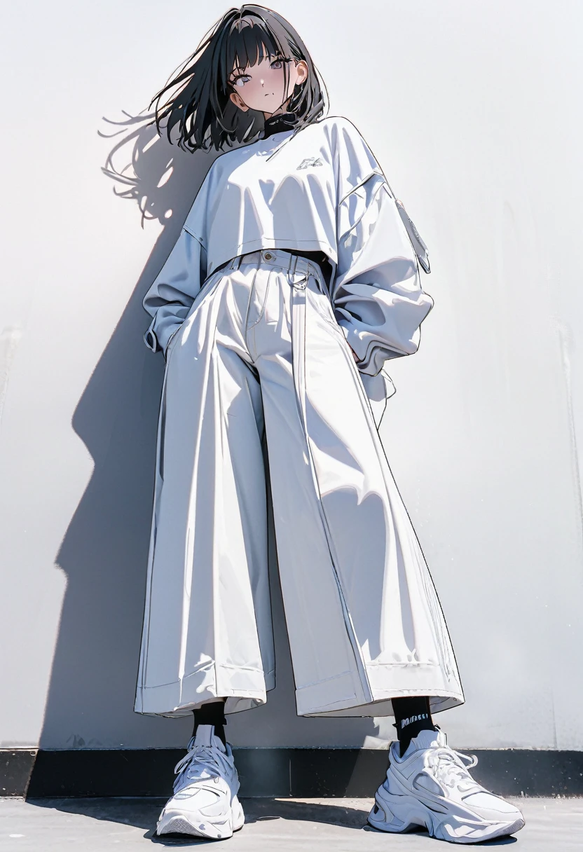 (Masterpiece, Best picture quality: 1.2, 8K), centered, full length, one girl, cool fashion, wide pants, simple sneakers, simple background, white blank white background #ffffff,, eyes open