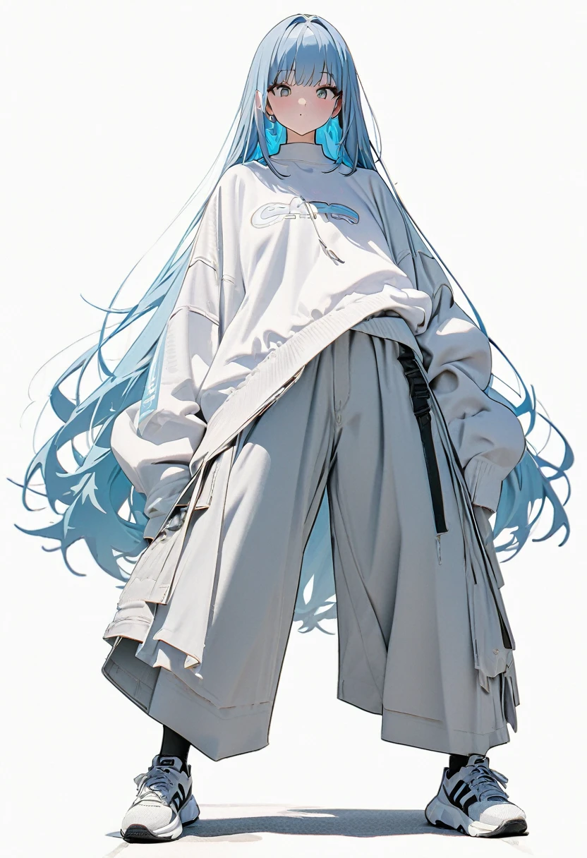 (Masterpiece, Best picture quality: 1.2, 8K), centered, full length, one girl, cool fashion, wide pants, simple sneakers, simple background, white blank white background #ffffff,, eyes open