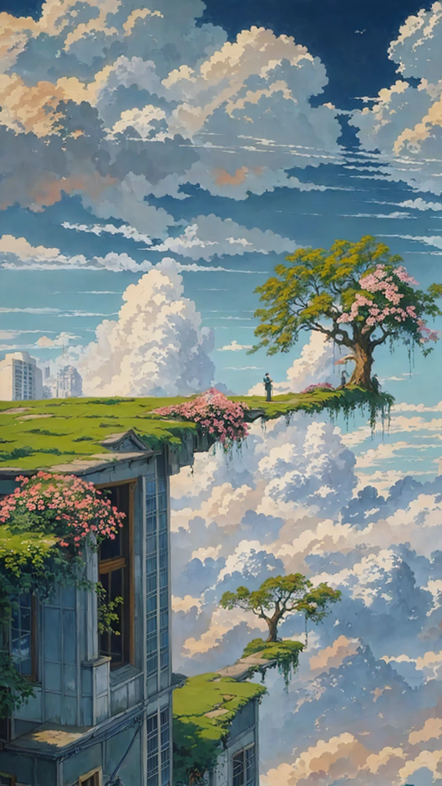 painting of a house with a tree on a cliff above the clouds, kilian eng and thomas kinkade, rob gonsalves and tim white, silvain sarrailh, rhads and thomas kinkade, inspired by RHADS, cyril rolando and m.w kaluta, cyril rolando and m. w kaluta, rhads!!!